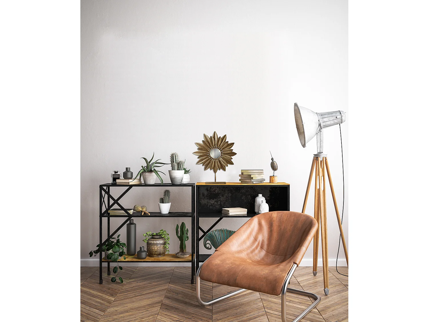 Miroir soleil sur pied en métal doré 59x26x81cm