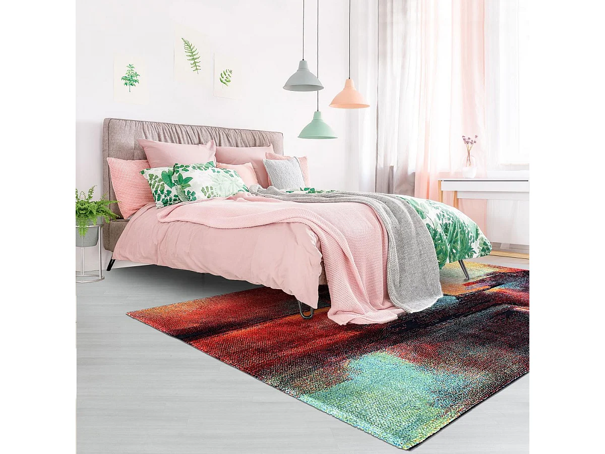 tapis chambre 60x110 tissé rouge et vert rectangle motif abstrait TABOR