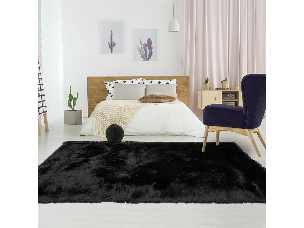 Tapis shaggy 80x140 rectangle fait main noir motif uni SG FIN