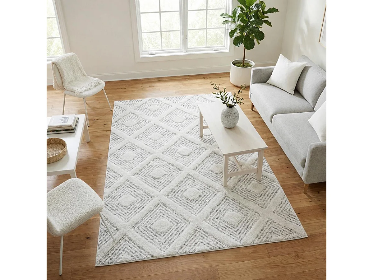 tappeto per sala da pranzo 240x340 tessuto rettangolare grigio e bianco motivo scandinavo