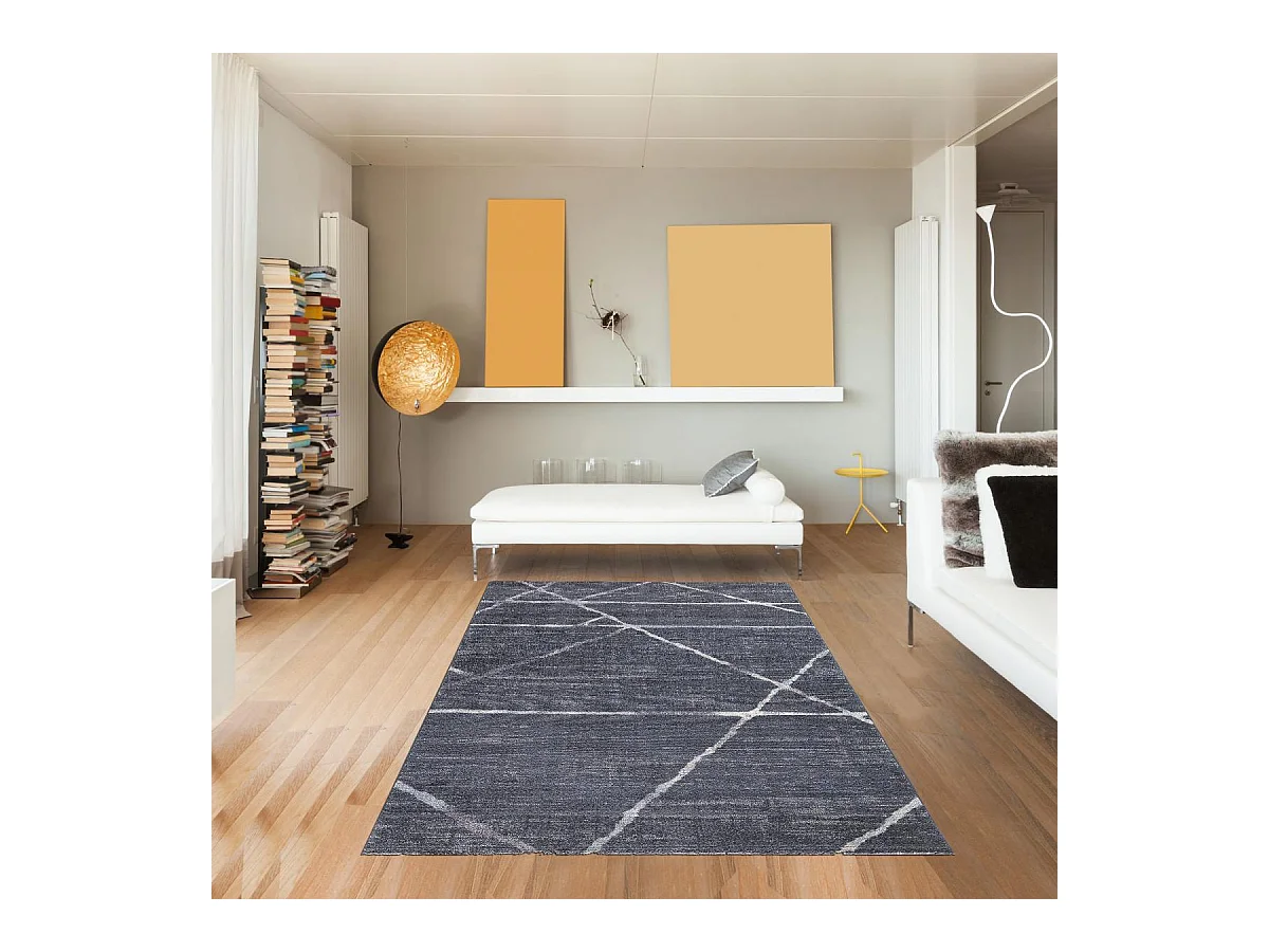 tapis chambre 80x150 tissé gris et bleu rectangle motif géométrique LUXURY