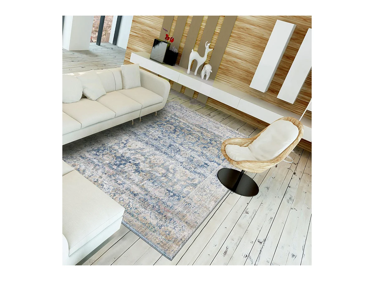 tapis chambre 133x190 tissé bleu et beige rectangle motif abstrait BELANO