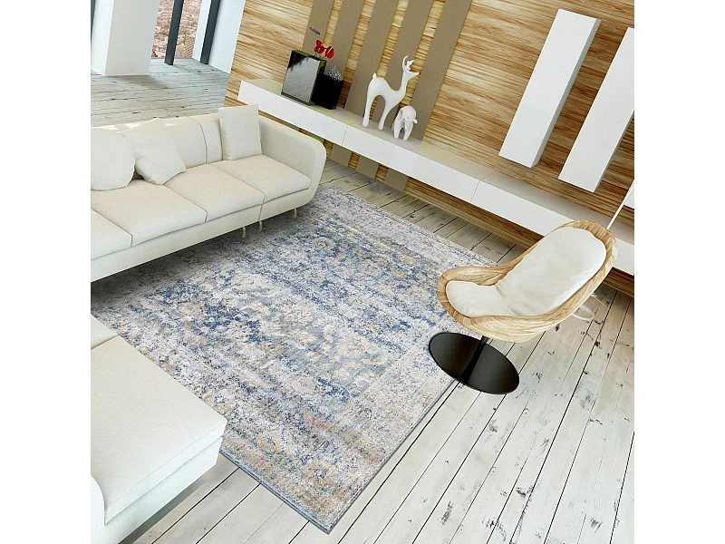 tapis chambre 133x190 tissé bleu et beige rectangle motif abstrait BELANO