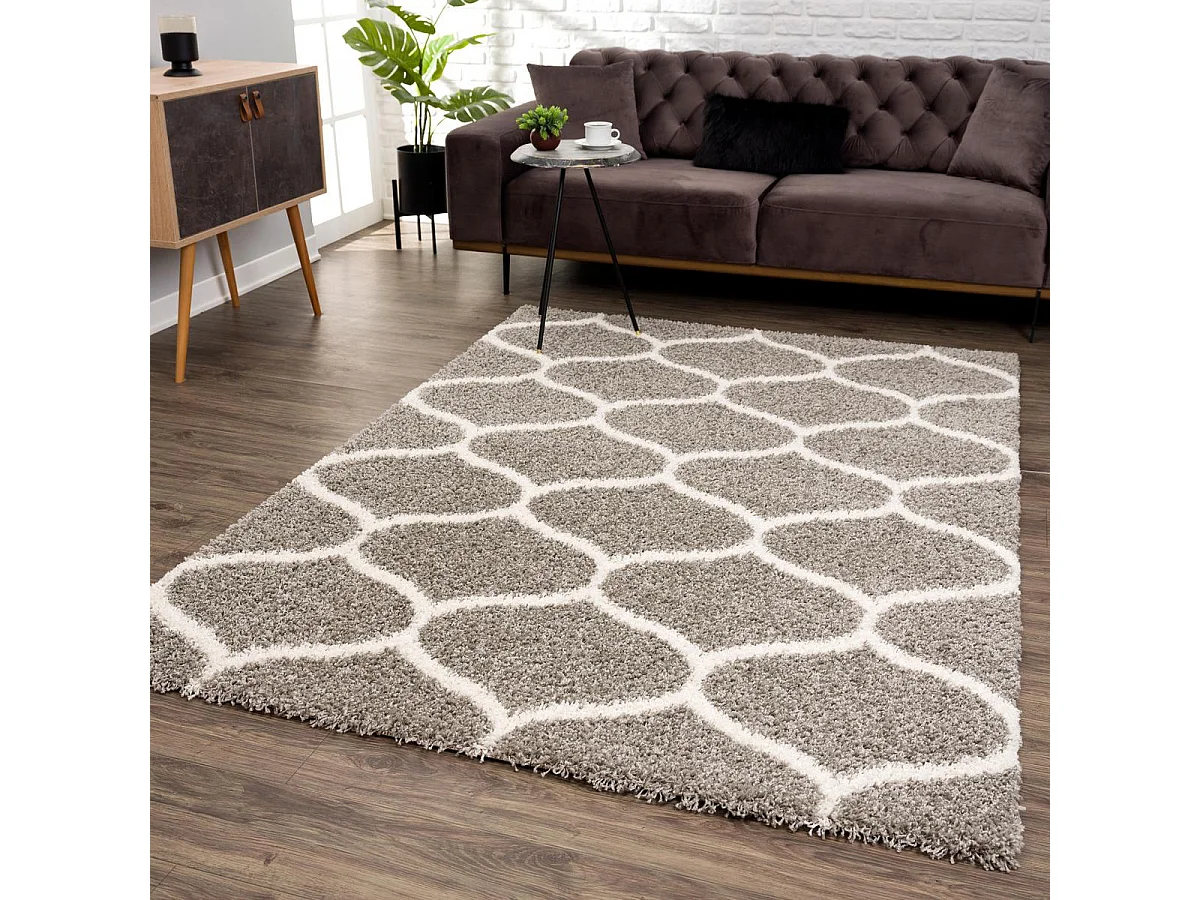 Tapis longs poils shaggy 80x150 rectangle tissé gris motif scandinave