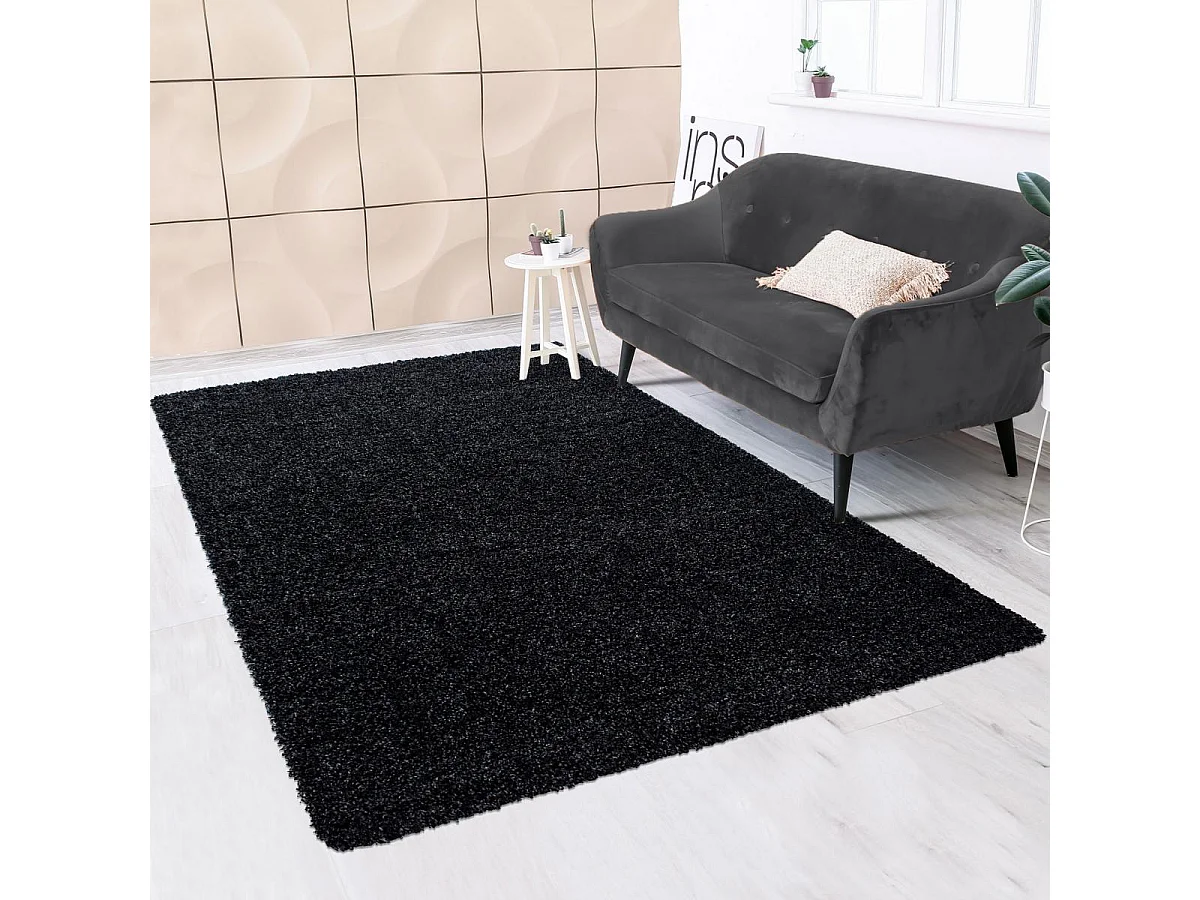 Tapis poils longs shaggy Ø120cm rond tissé noir motif uni UNI L