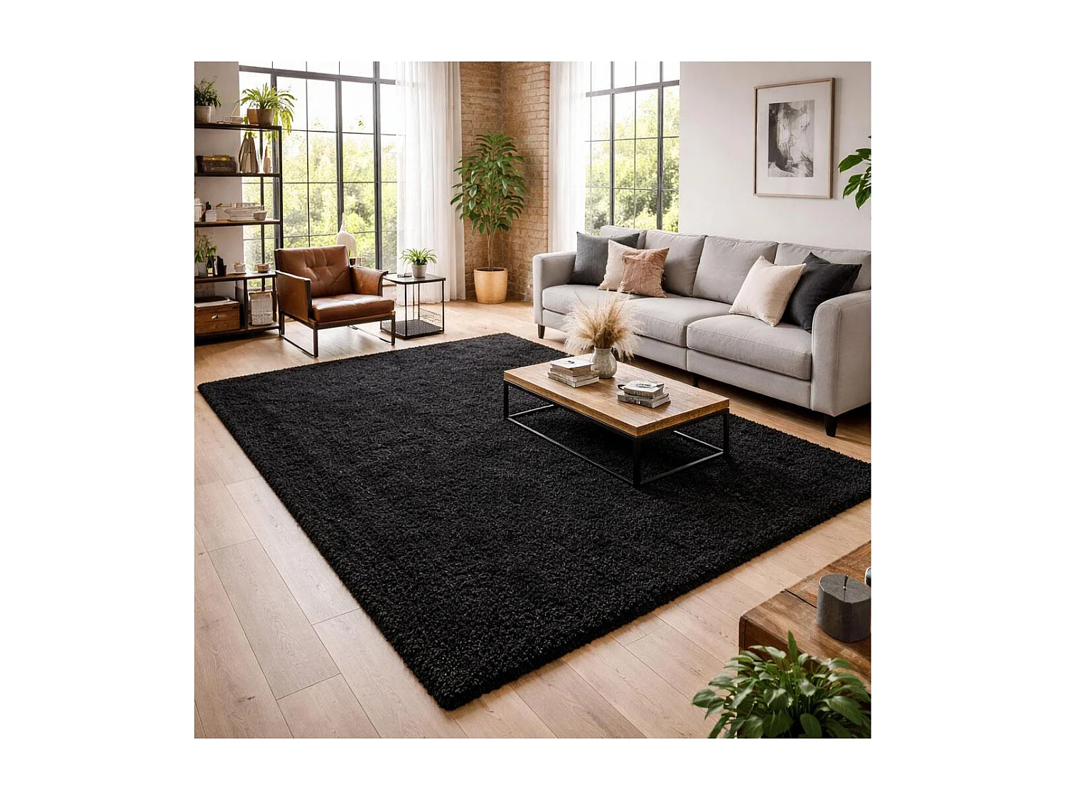 Tapis poils longs shaggy 140x200 rectangle tissé noir motif uni UNI L