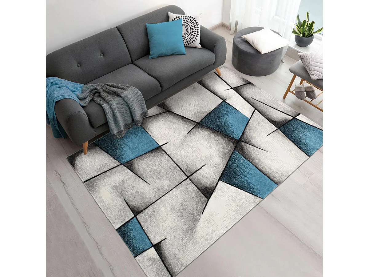 tapis salle à manger 200x290 tissé turquoise rectangle motif géométrique LYN8 ULTIMA