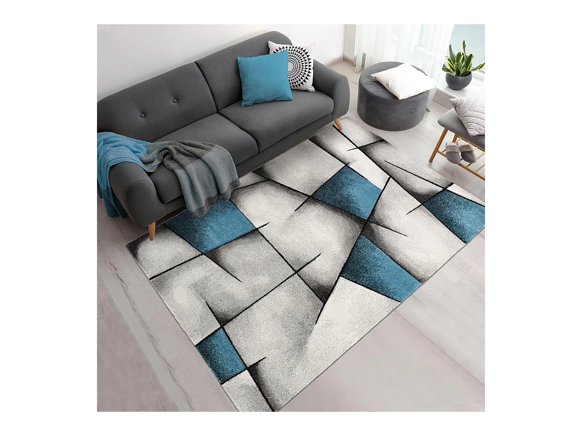tapis salle à manger 200x290 tissé turquoise rectangle motif géométrique LYN8 ULTIMA