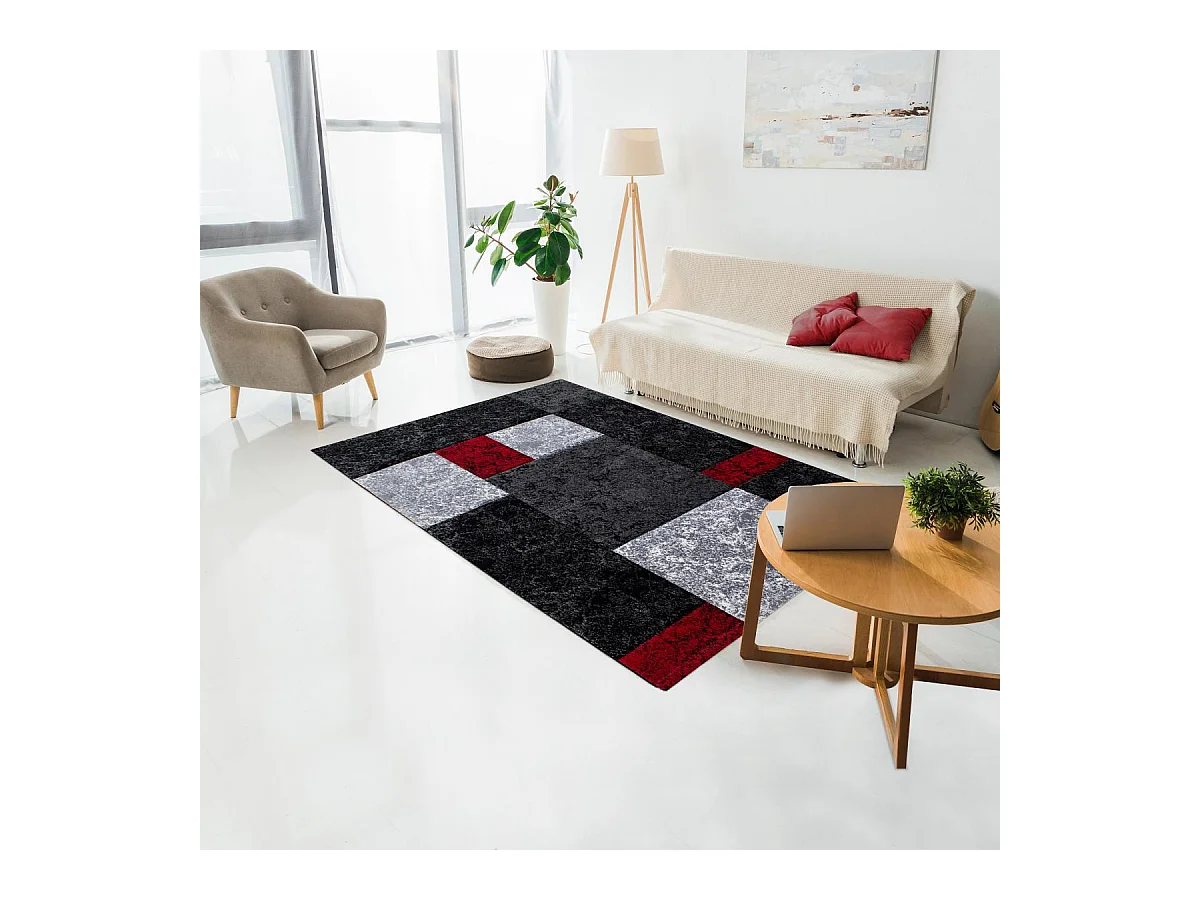tapis grand salon 200x290 tissé rouge et gris rectangle motif géométrique