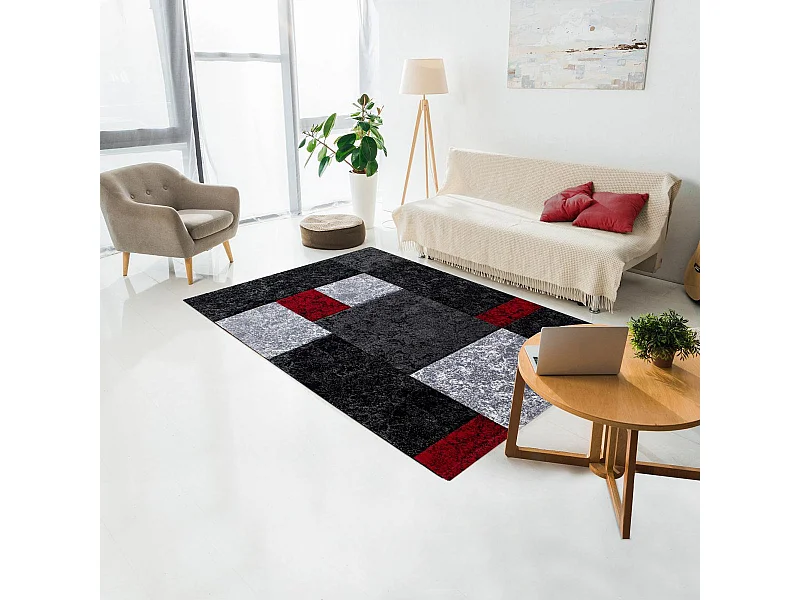 tapis grand salon 200x290 tissé rouge et gris rectangle motif géométrique