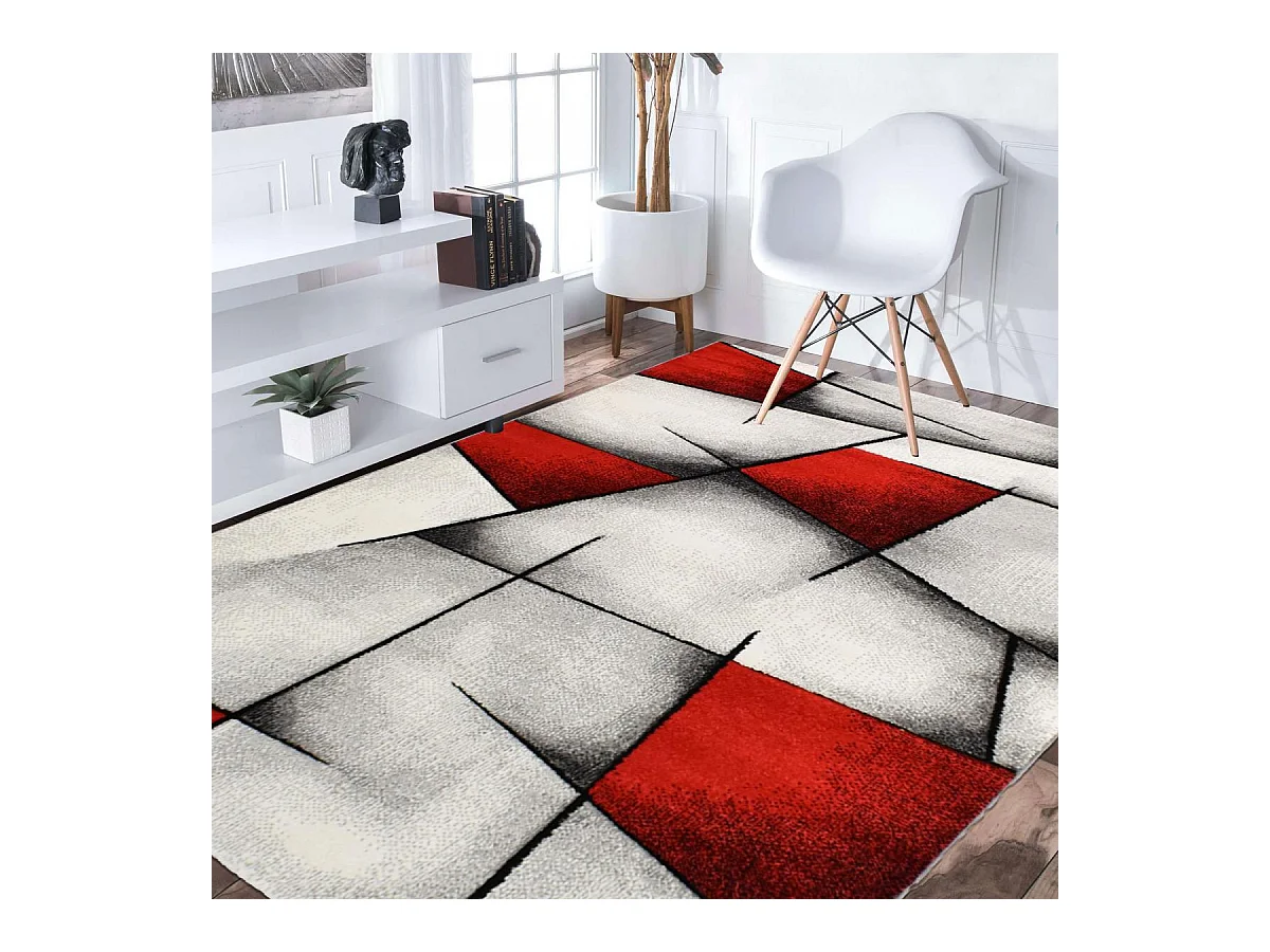 tapis chambre 80x150 tissé rouge rectangle motif géométrique LYN8 BRI 10