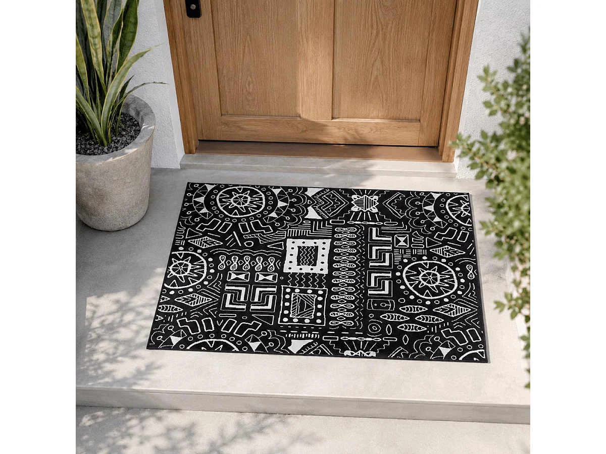 Alfombra de dormitorio 80x150 cm, tejida, rectangular, negra, con estampado étnico LYN1