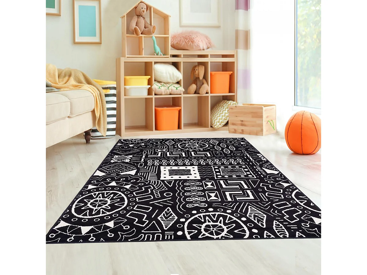 Alfombra de dormitorio 80x150 cm, tejida, rectangular, negra, con estampado étnico LYN1