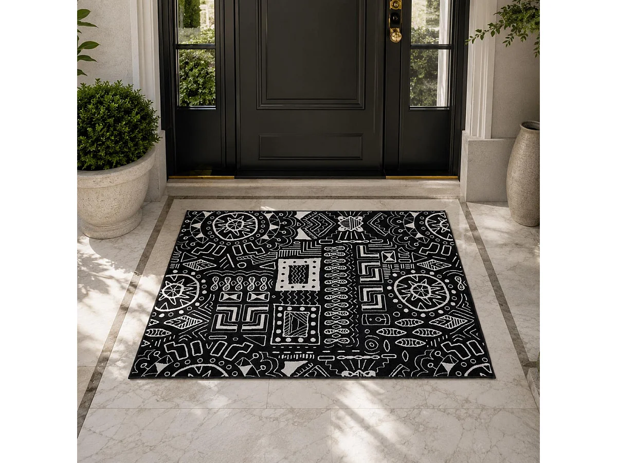 Alfombra de dormitorio 80x150 cm, tejida, rectangular, negra, con estampado étnico LYN1