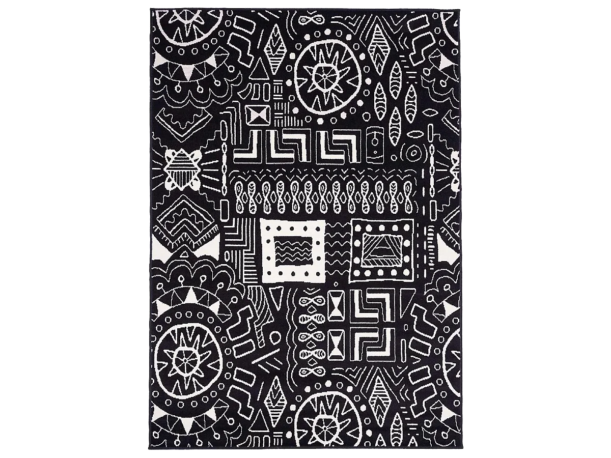tapis chambre 80x150 tissé noir rectangle motif ethnique LYN1 MOTIF