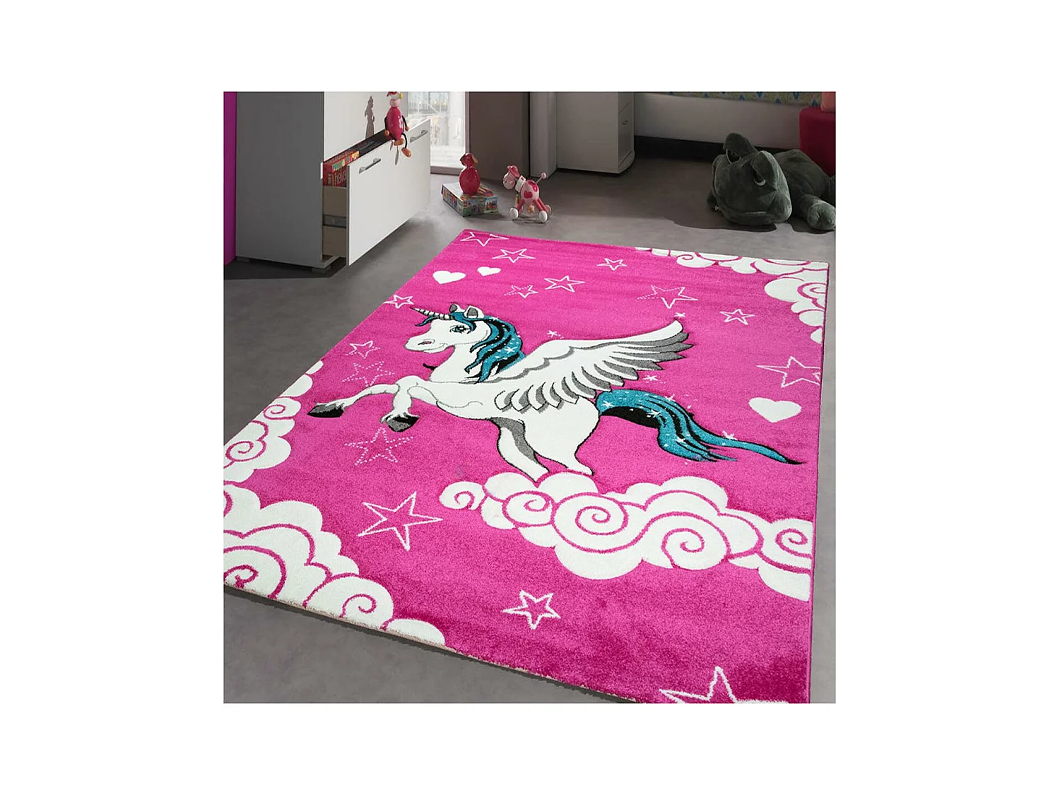 tapis chambre 120x170 tissé fuchsia rectangle motif enfant LICORNE