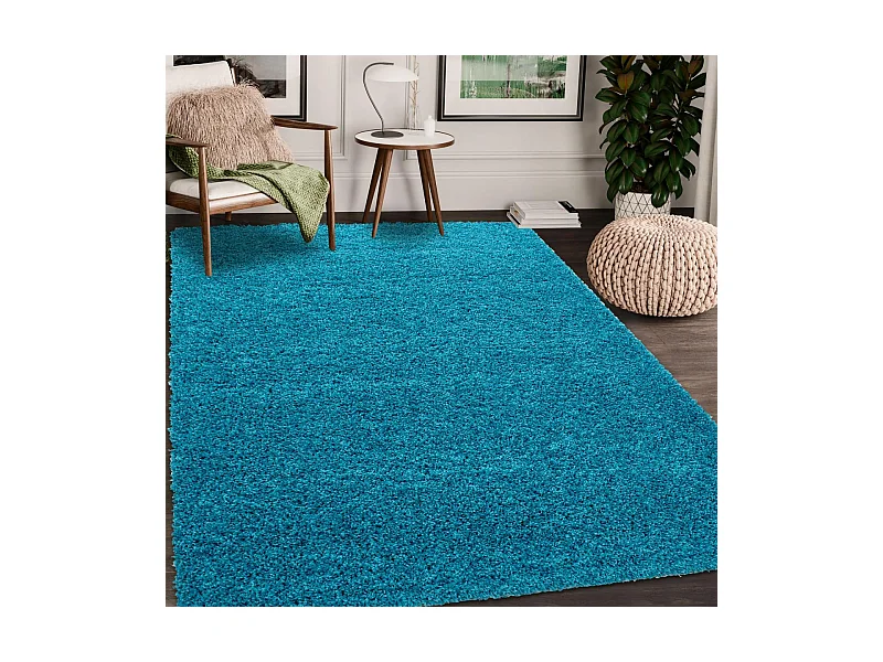Tapis poils longs shaggy 120x170 rectangle tissé turquoise motif uni UNI L