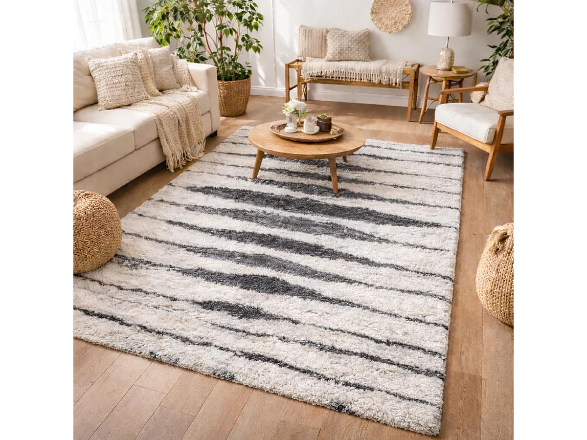 Tapis longs poils shaggy 60x110 rectangle tissé crème motif berbère LYN4 DOUX 5