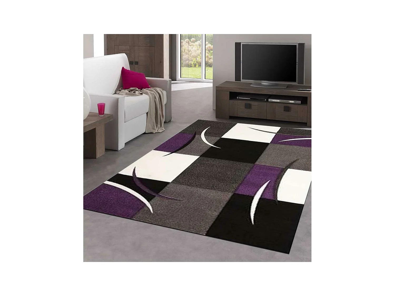 tapis chambre 80x150 tissé violet rectangle motif damier LYN8 COMMA