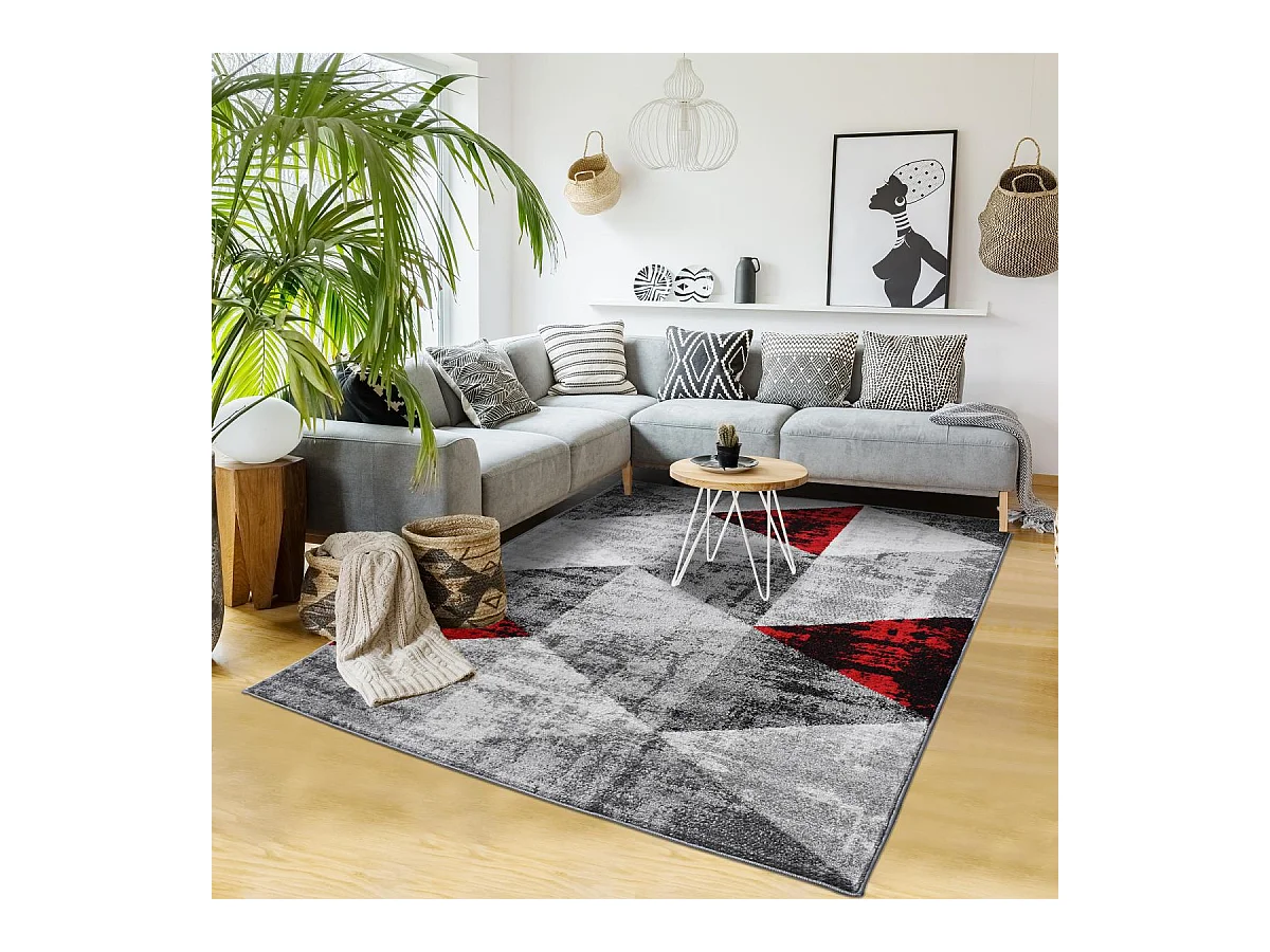 tapis entrée 120x170 tissé rouge et gris rectangle motif géométrique SOLTAM