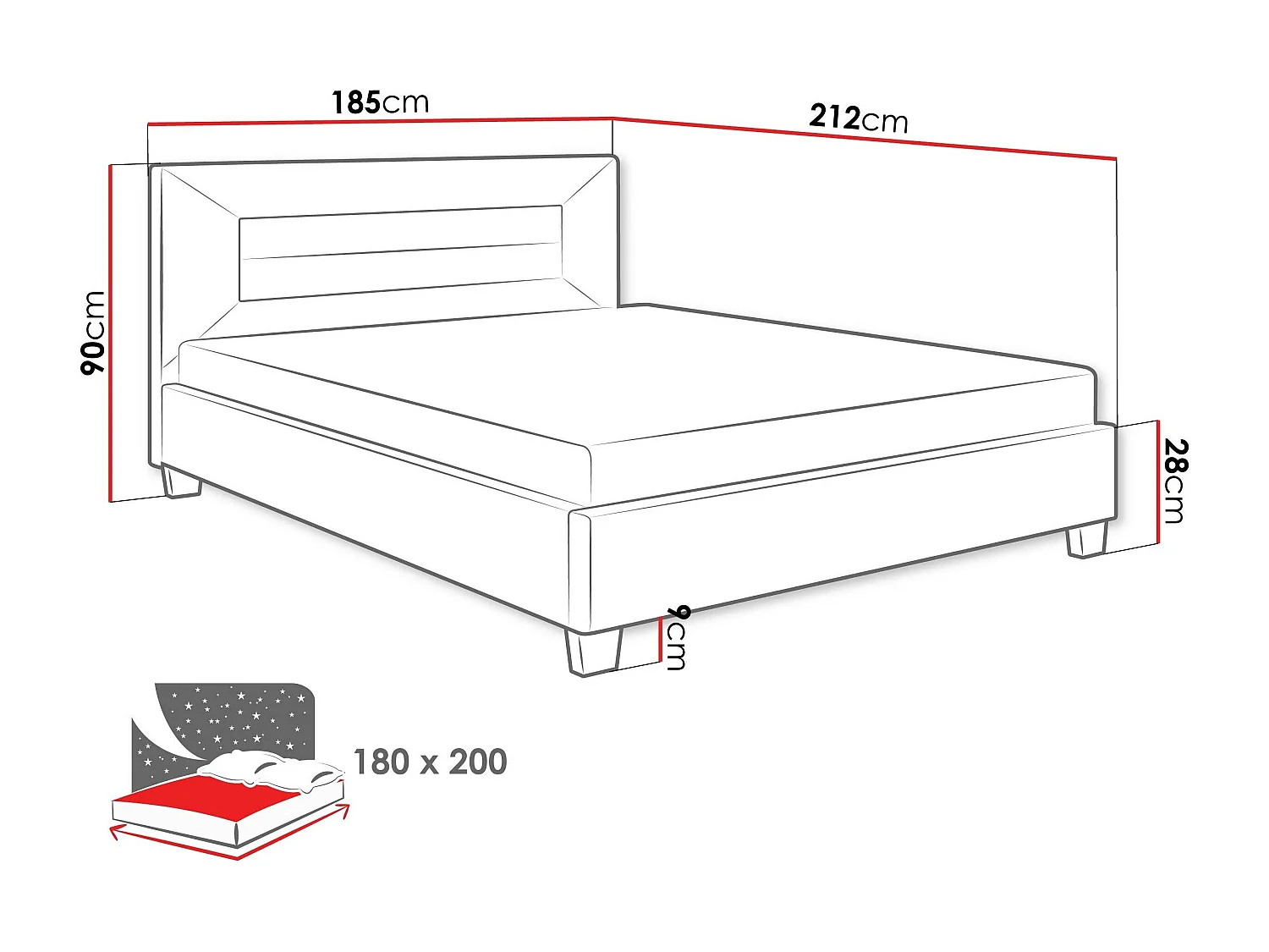 Cama Comfivo 327, Doble, Gris, 180x200, Tapiz, Somieres, 185x212x90cm