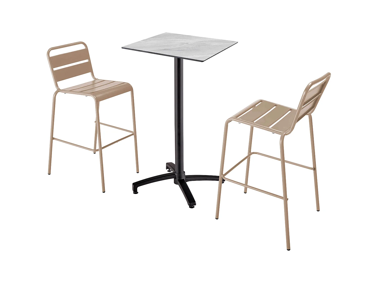 Ensemble table haute stratifié marbre et 2 chaises hautes taupe