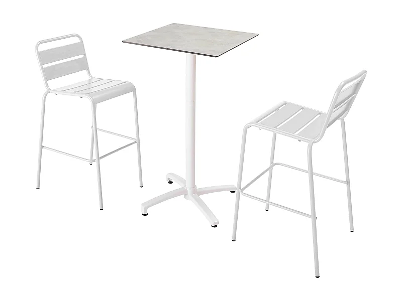 Lichtgrijze betonlaminaat statafelset en 2 witte kinderstoelen