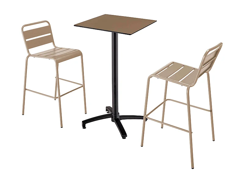 Ensemble table haute stratifié taupe et 2 chaises hautes taupe