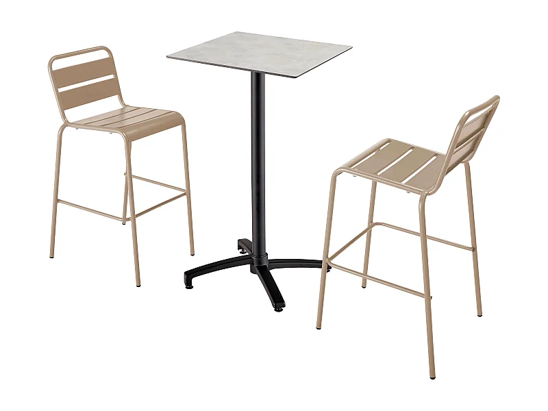 Ensemble table haute stratifié gris foncé et 2 chaises hautes taupe