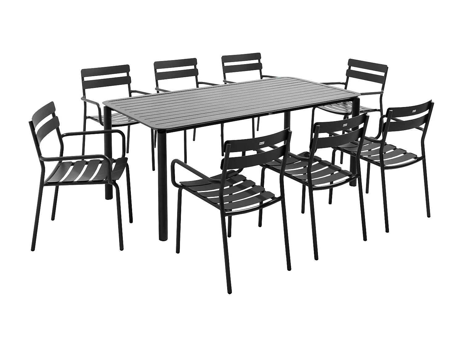 Vierkante terrastafel (185 x 92 cm) en 8 zwarte fauteuils