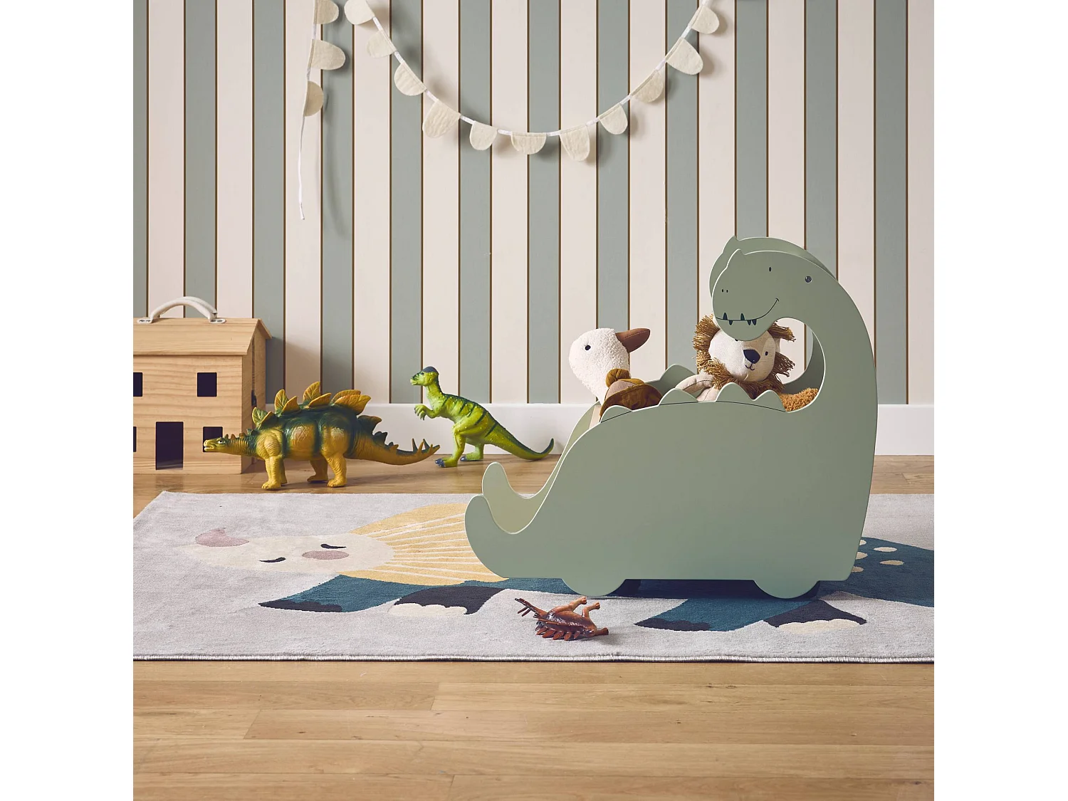 Scatola portagiochi con ruote per bambini dinosauri, Brachi, Verde, 57.3x31x49 cm