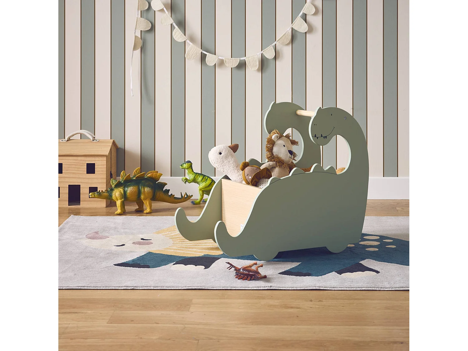 Scatola portagiochi con ruote per bambini dinosauri, Brachi, Verde, 57.3x31x49 cm