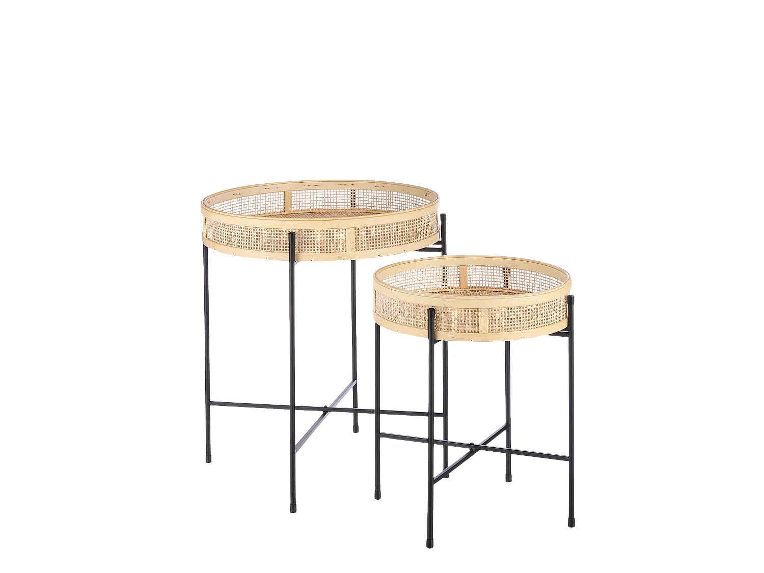 Lot de table d'appoint de jardin en métal et bambou et rotin - 53 x Ø45 - Marron, noir - LEANDRO