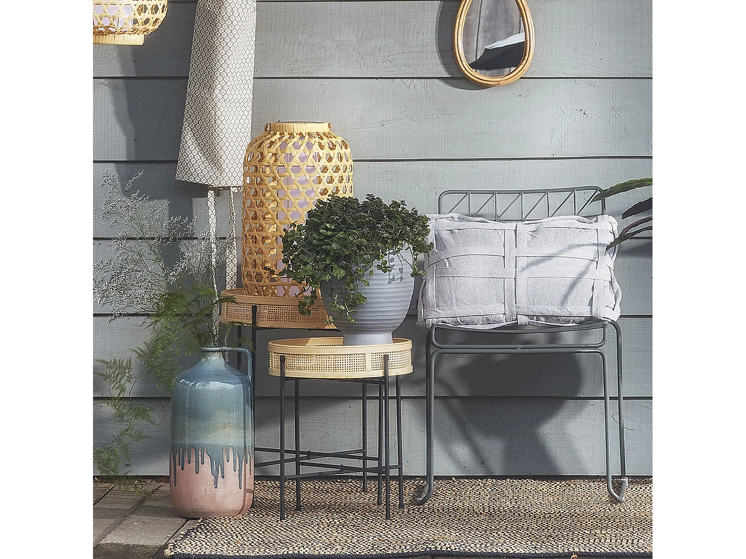 Lot de table d'appoint de jardin en métal et bambou et rotin - 53 x Ø45 - Marron, noir - LEANDRO