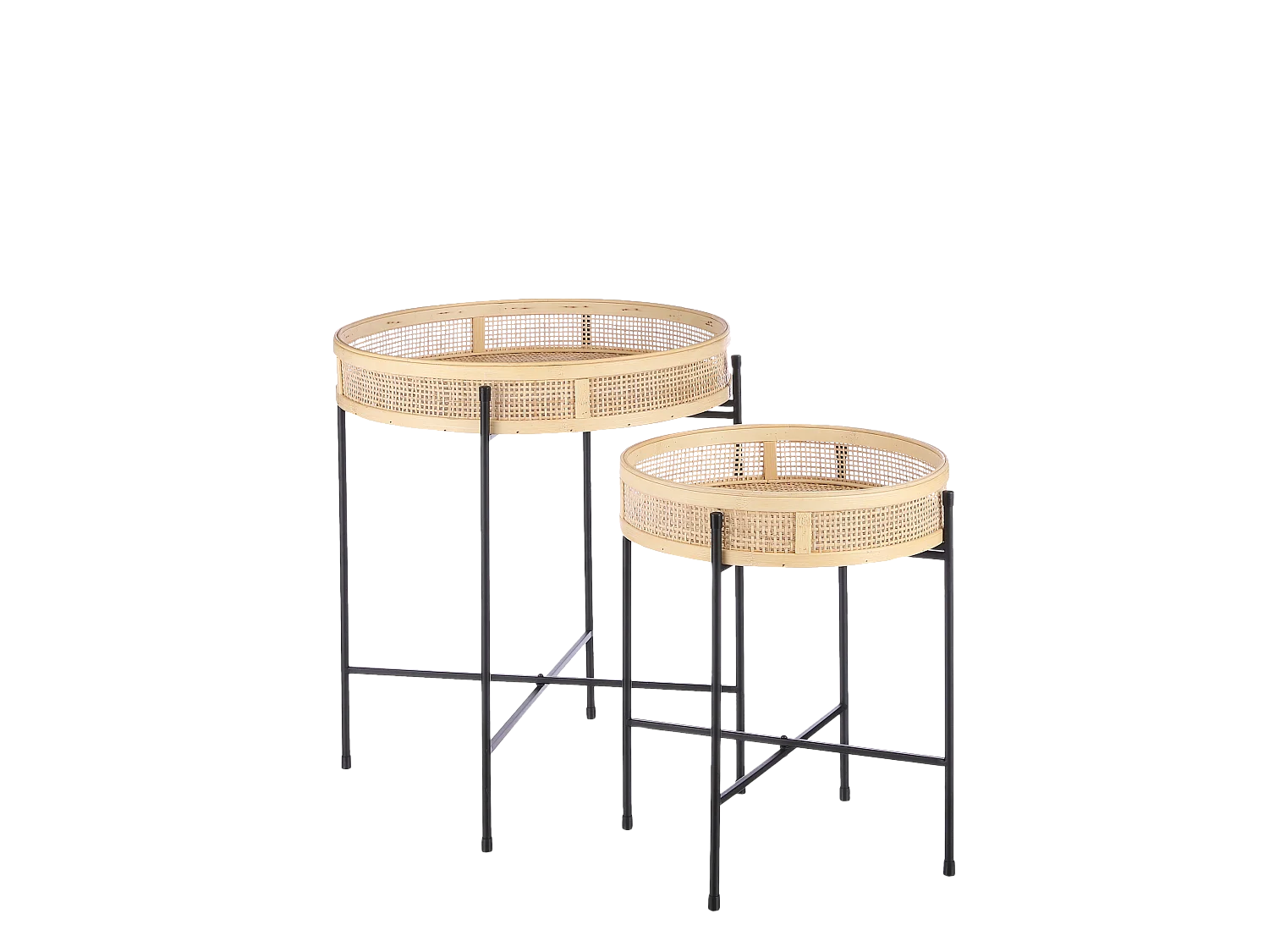 Lot de table d'appoint de jardin en métal et bambou et rotin - 53 x Ø45 - Marron, noir - LEANDRO