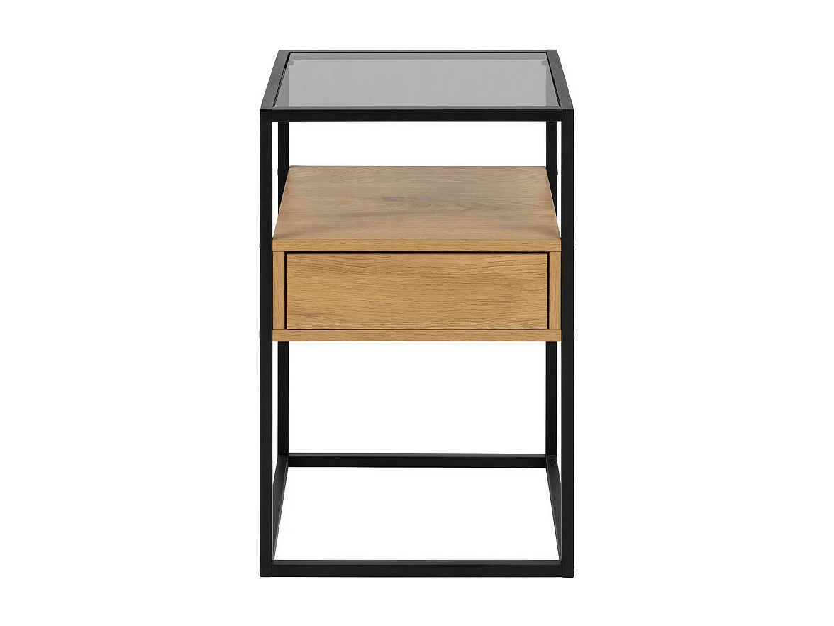 Comodino Randolf 1 ripiano, 1 cassetto, vetro color fumé, decoro in rovere selvatico.