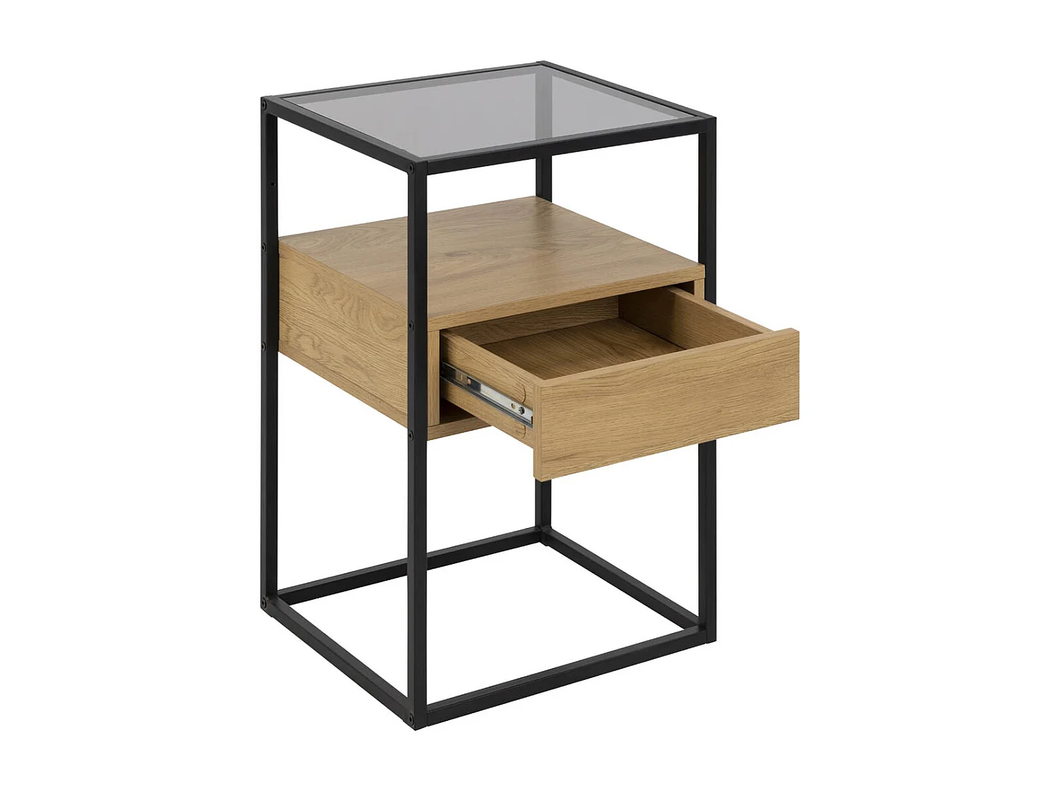 Comodino Randolf 1 ripiano, 1 cassetto, vetro color fumé, decoro in rovere selvatico.