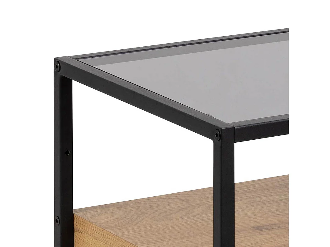 Comodino Randolf 1 ripiano, 1 cassetto, vetro color fumé, decoro in rovere selvatico.