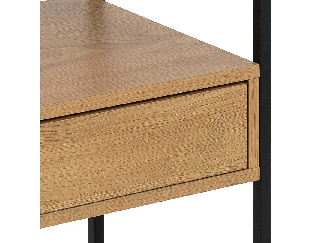 Comodino Randolf 1 ripiano, 1 cassetto, vetro color fumé, decoro in rovere selvatico.