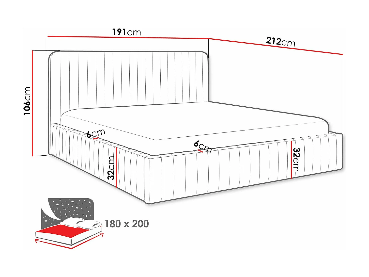 Lit TrendyNest 108, Double, Bleu, 180x200, Tissu, Disponible, 191x212x106cm