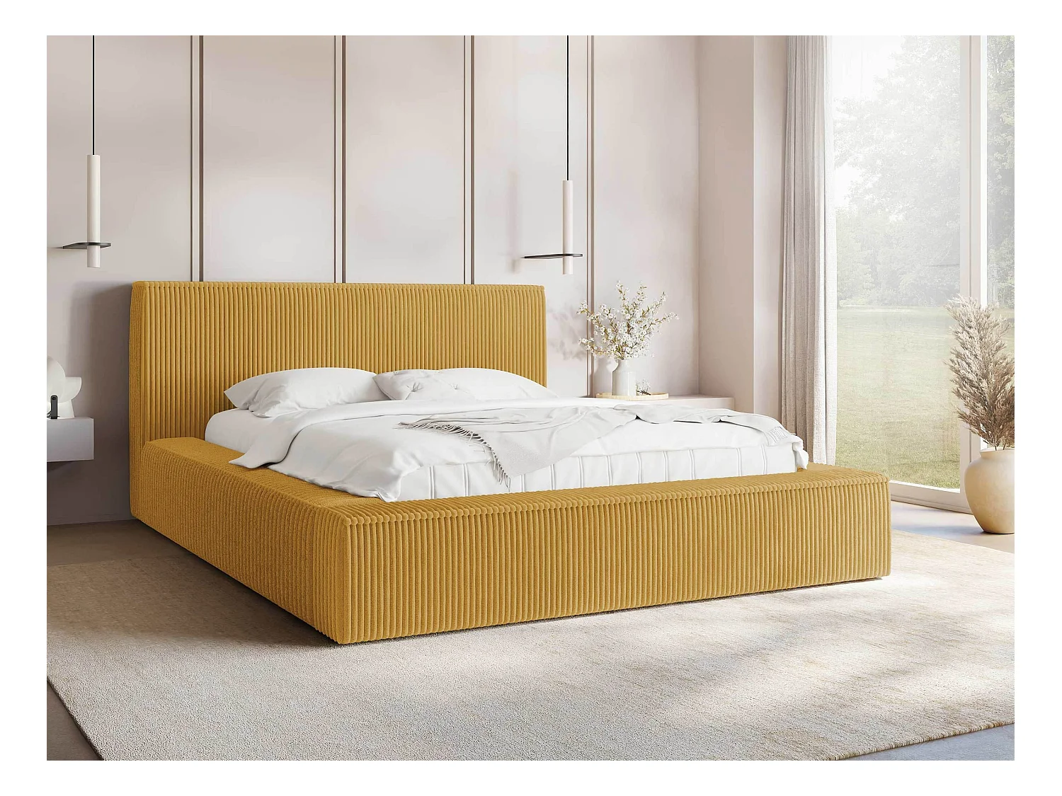 Lit TrendyNest 107, Double, Jaune, 180x200, Tapisserie, Sommier à lattes, 212x230x81cm