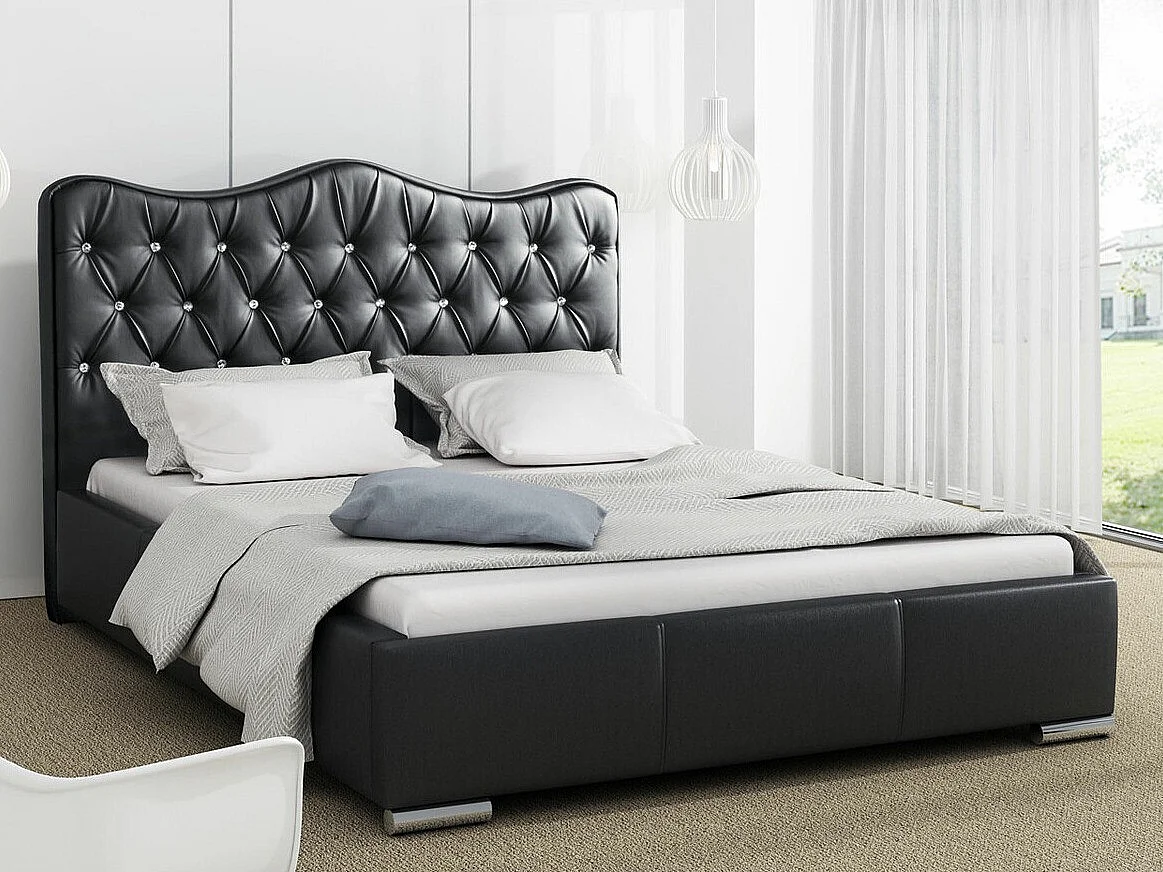 Cama Baltimore 141, Doble, Negro, Cuero ecológico, Somieres, 180x218x100cm