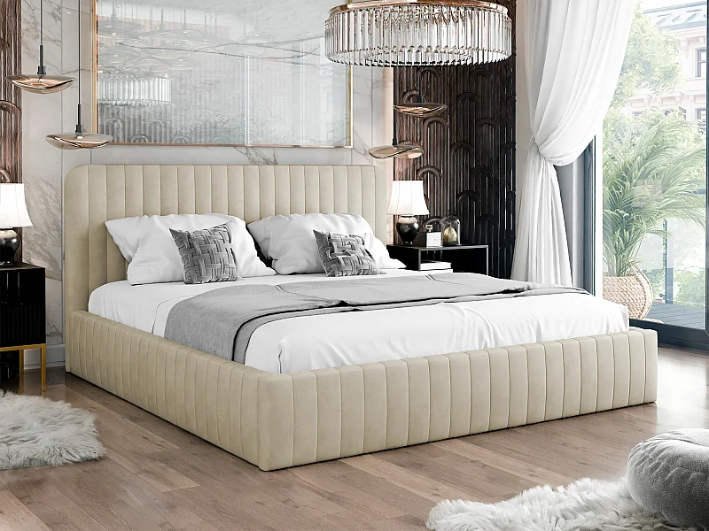 Lit TrendyNest 108, Double, Brun clair, 180x200, Tissu, Disponible, 191x212x106cm