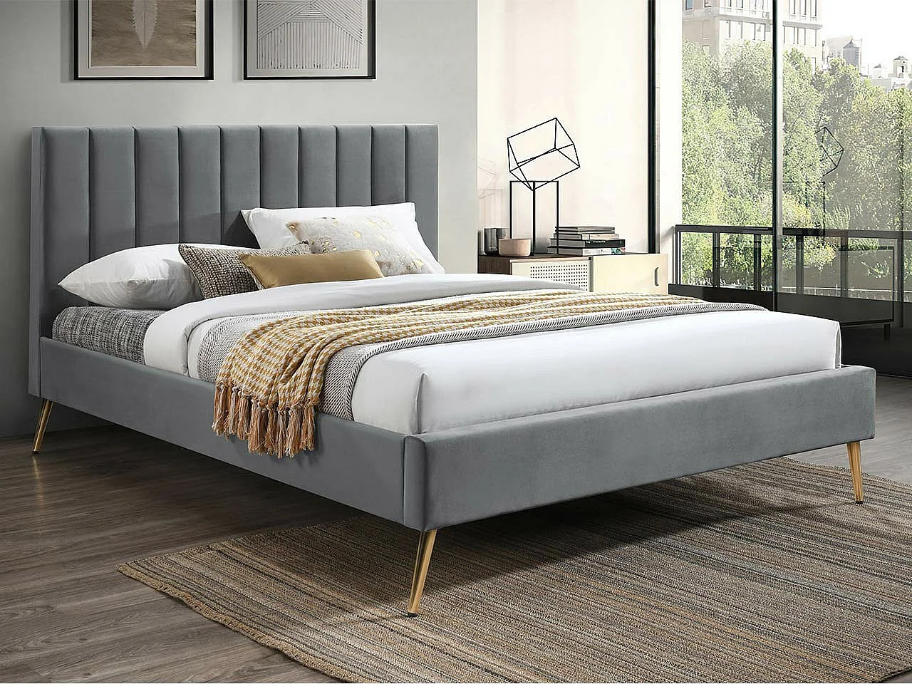 Lit Comfivo 351, Double, Gris, 140x200, Tapisserie, Sommier à lattes, 145x218x111cm