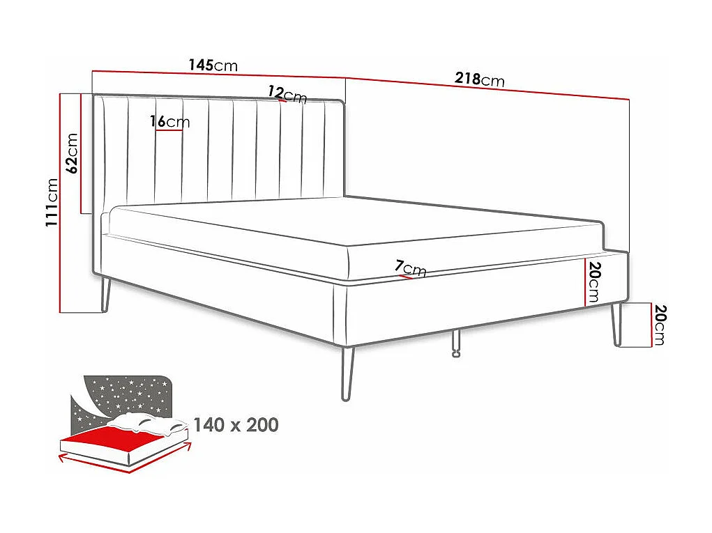 Lit Comfivo 351, Double, Gris, 140x200, Tapisserie, Sommier à lattes, 145x218x111cm