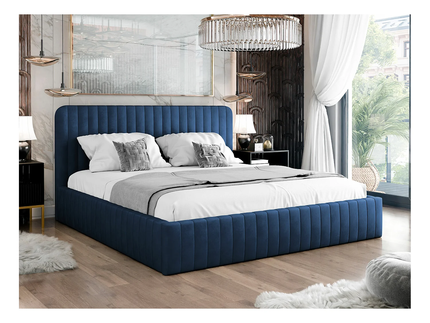 Lit TrendyNest 108, Double, Bleu, 160x200, Tapisserie, Sommier à lattes, 171x212x106cm