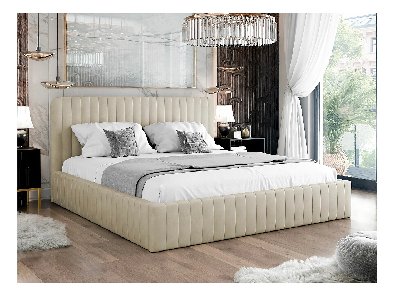 Lit TrendyNest 108, Double, Brun clair, 140x200, Tapisserie, Sommier à lattes, 151x212cm