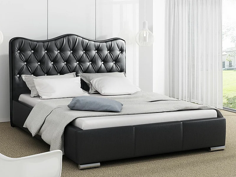 Cama Baltimore 141, Doble, Negro, Cuero ecológico, Somieres, 200x218x100cm