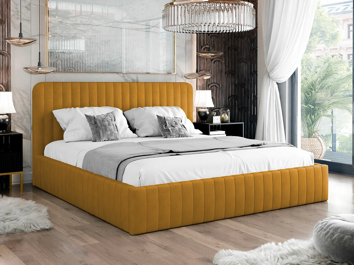 Cama TrendyNest 108, Casal, Amarelo, Tecido, Estrados de cama