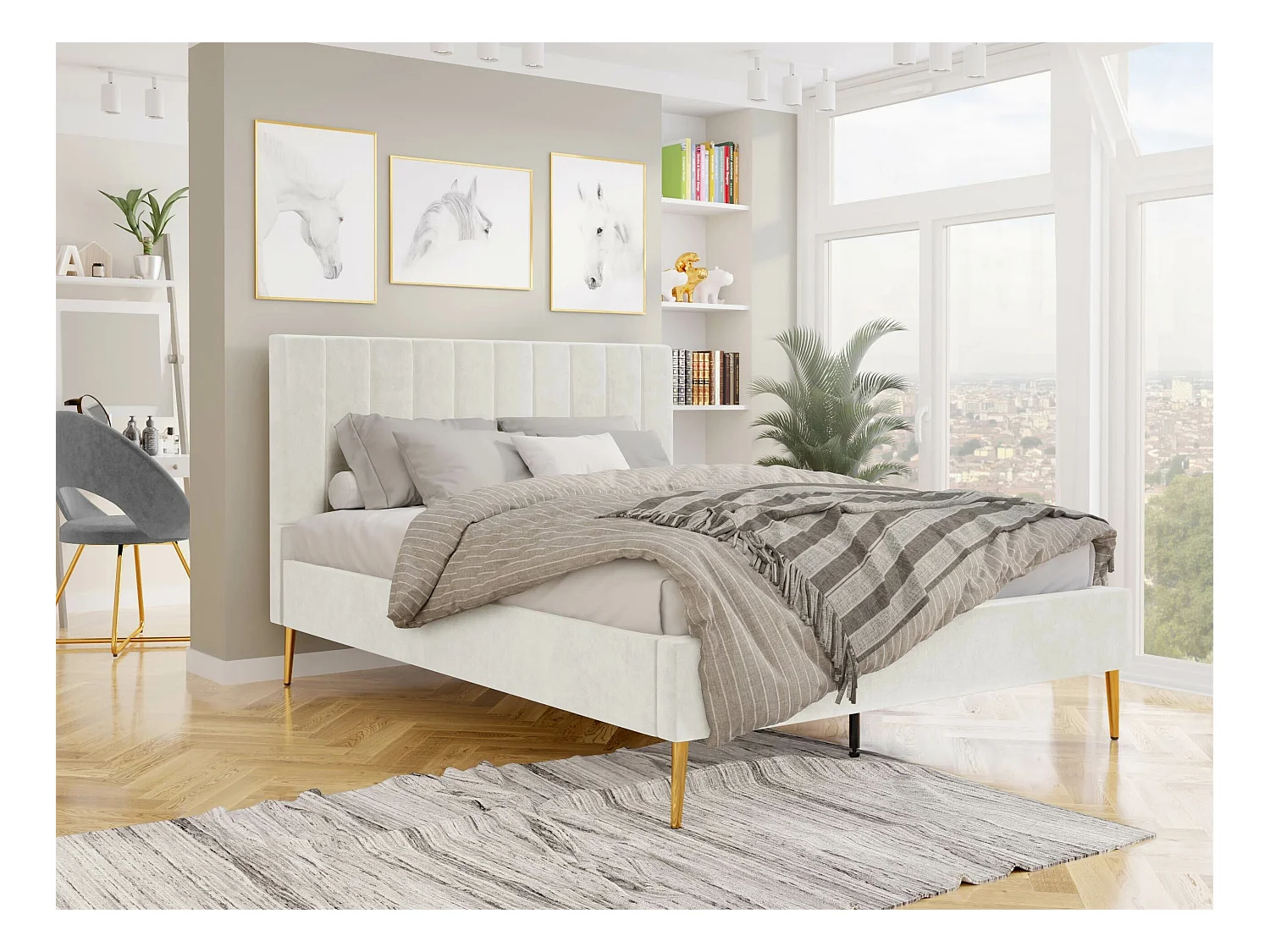 Cama Comfivo 351, Casal, Castanho claro, Tecido, Estrados de cama